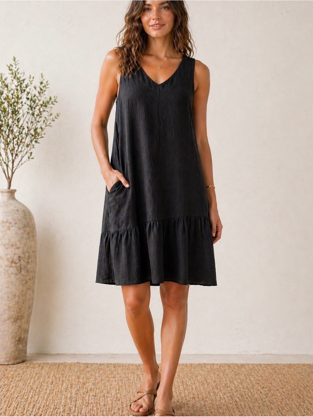 Garnet Hill -Black Asymmetrical Sleeveless Linen Dress